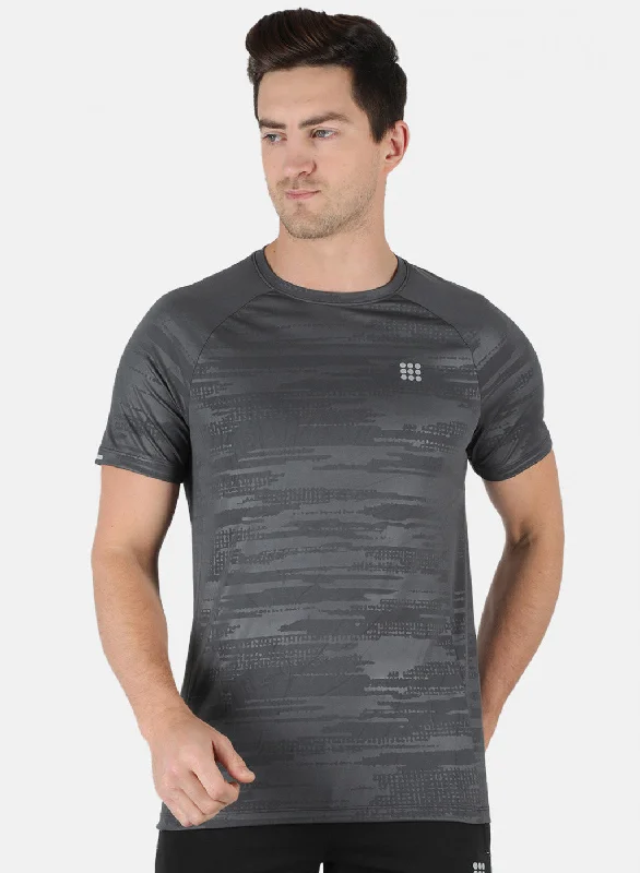 Men Grey Self Design Round Neck T-Shirt