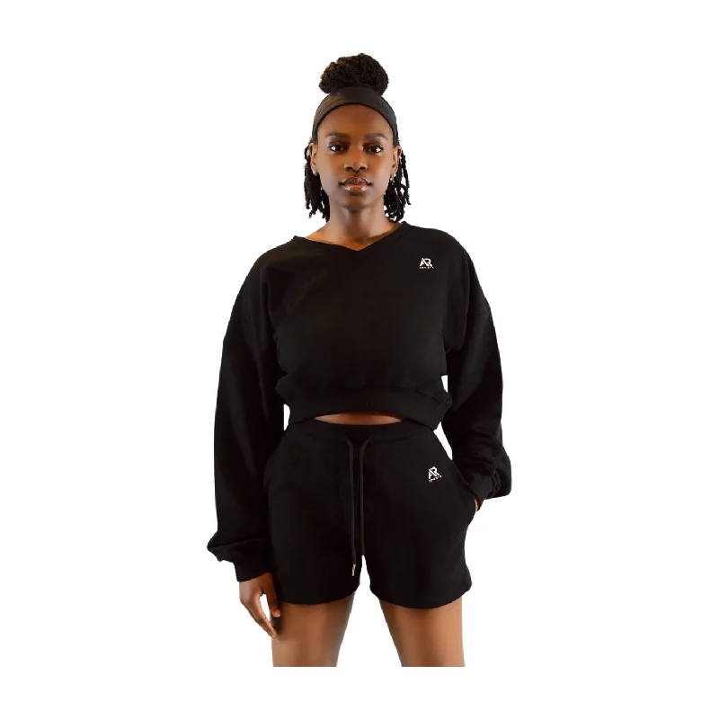 AR Sportswear 2Pcs Women's V-neck Sweatshirt Long Sleeves Crop With Matching Shorts