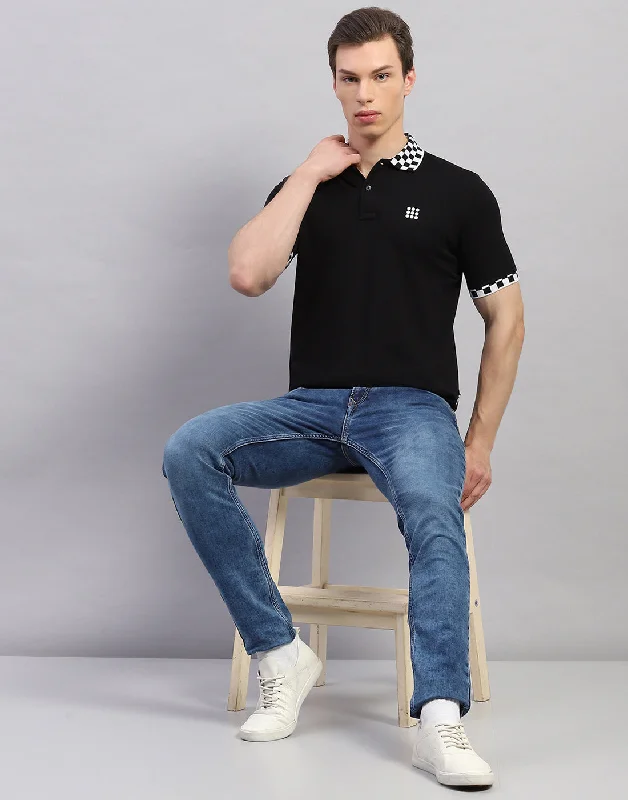 Men Black Solid Polo Collar Half Sleeve T-Shirt