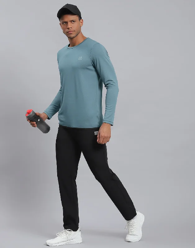 Men Blue Solid Round Neck Full Sleeve Active T-Shirt