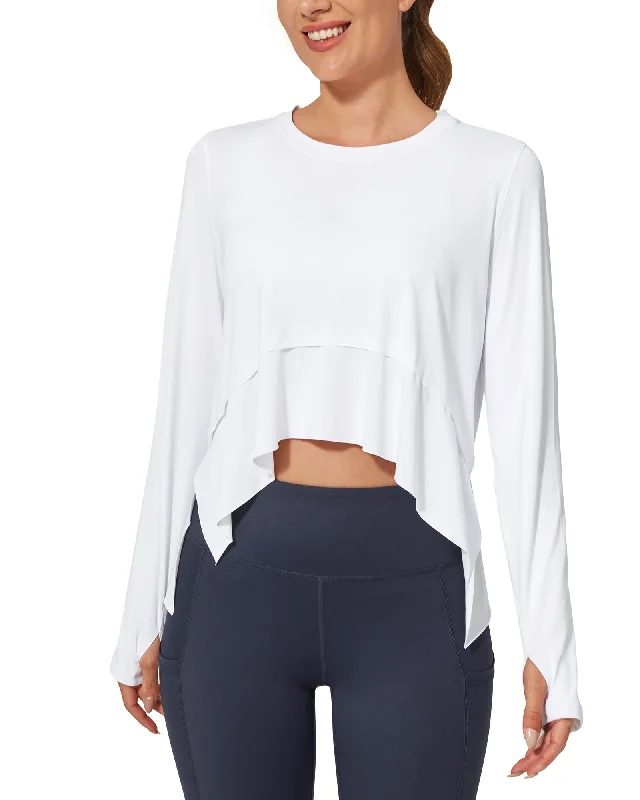 Loose Scoop Neck Ruffle Long Sleeve Workout Shirts