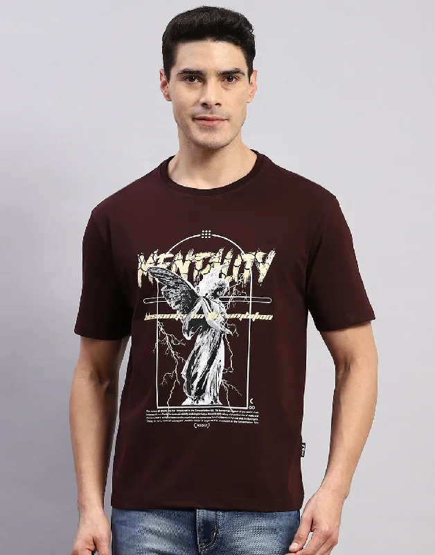 Men Maroon Printed Round Neck Half Sleeve T-Shirt