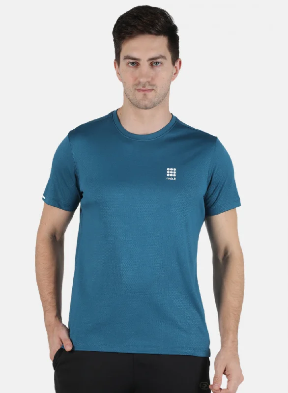 Men Blue Self Design Round Neck T-Shirt