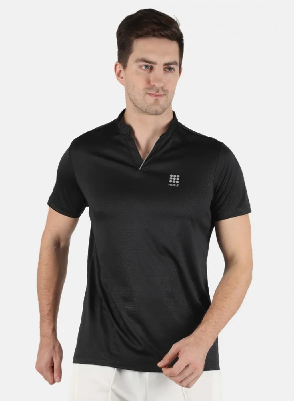 Men Black Self Design Collar T-Shirt