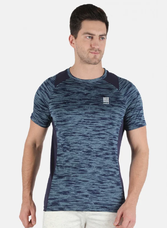 Men Blue Self Design Round Neck T-Shirt