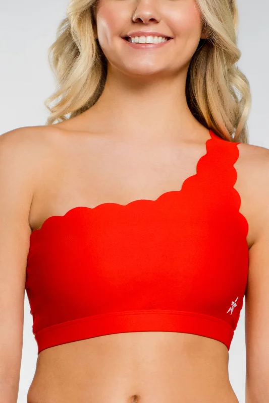 One Shoulder Scalloped Sports Bra in Red