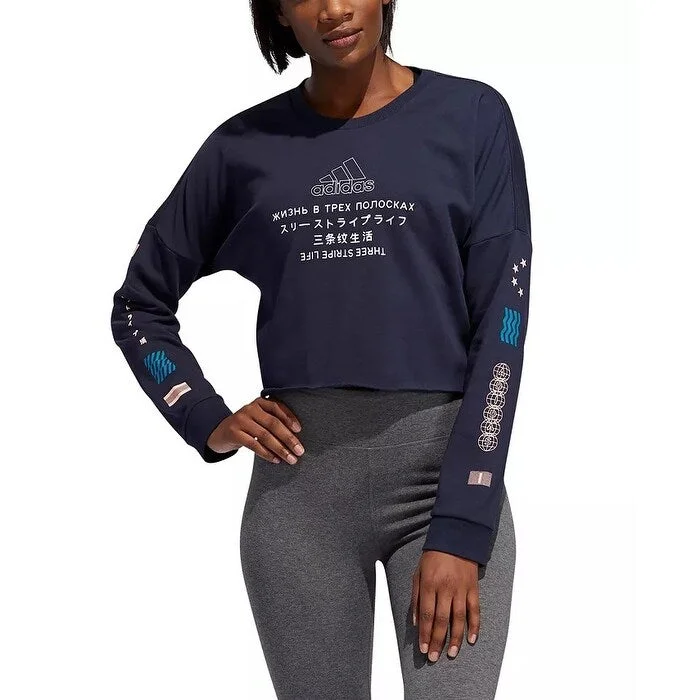 Adidas Women's Global Graphic Cropped Sweatshirt Dark Blue Size Medium