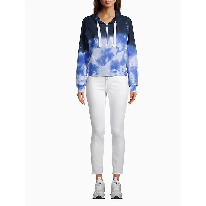 Calvin Klein Women's Jeans Tie-Dye Cropped Hooded Sweatshirt Blue Size Medium