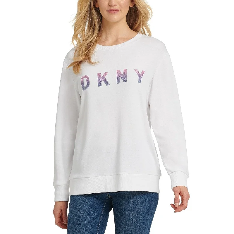 DKNY Women's Ombre-Glitter-Logo Sweatshirt White Size Small