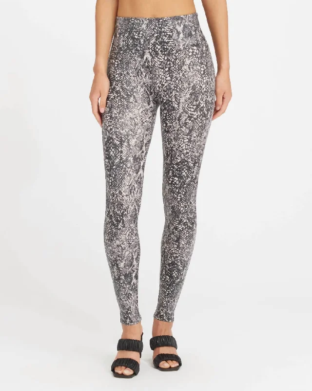 Faux Leather Snake Shine Leggings In Grey Snake