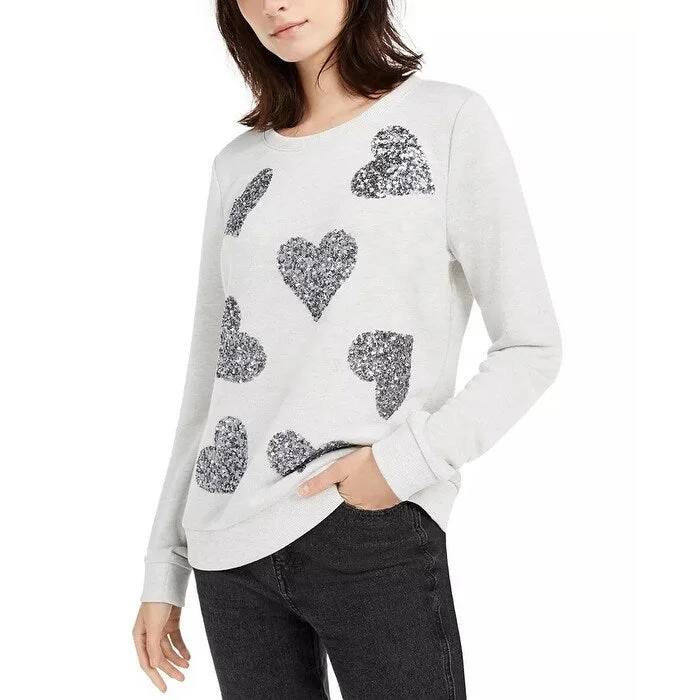 INC International Concepts Women's Sequin Heart Sweatshirt Silver Size Medium