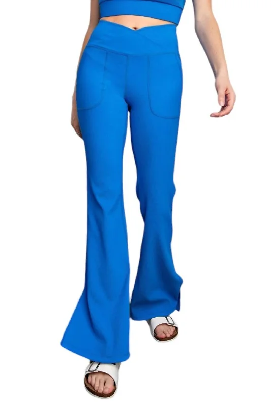 Nylon Rib V Waist Crossover Flared Leggings In Electric Blue