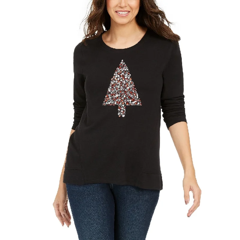 Style & Co Women's Embellished Tree Sweatshirt Black Size Small