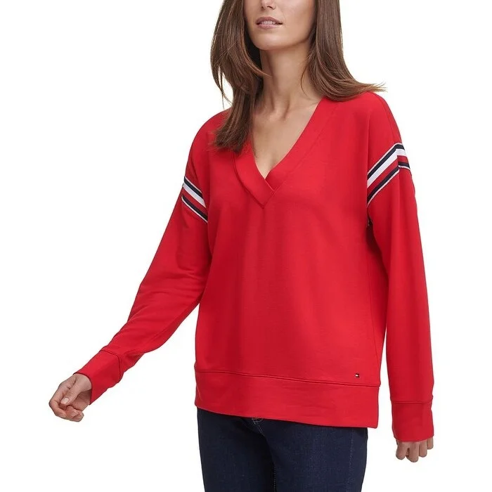 Tommy Hilfiger Women's Deep V-Neck Sweatshirt Red Size Small