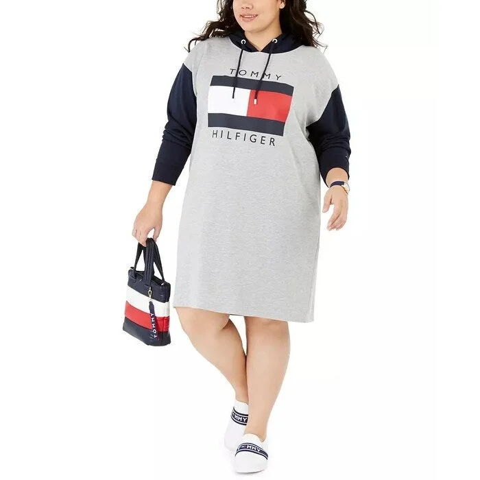 Tommy Hilfiger Women's Plus Size Colorblocked Hoodie Sweatshirt Dress Gray Size 2X