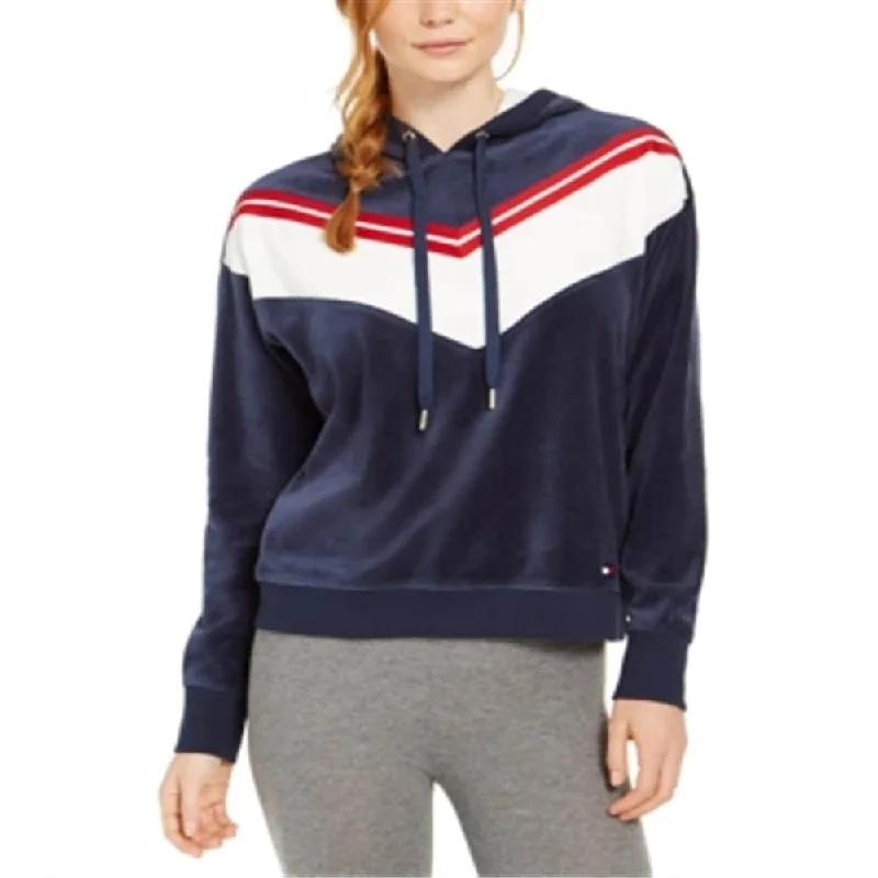 Tommy Hilfiger Women's Sport Velour Chevron Pullover Hoodie Blue Size XX-Large - XXL